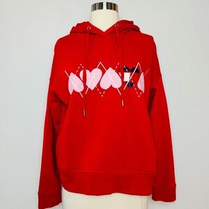 Tommy Hilfiger Sport Hooded Sweatshirt Women's L Red Heart Pull Over Drawstring